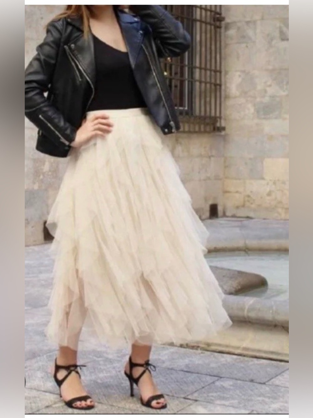 Soho Apparel Ivory Layered Tulle Ruffle Maxi Skirt  L Boho Fairycore Romantic